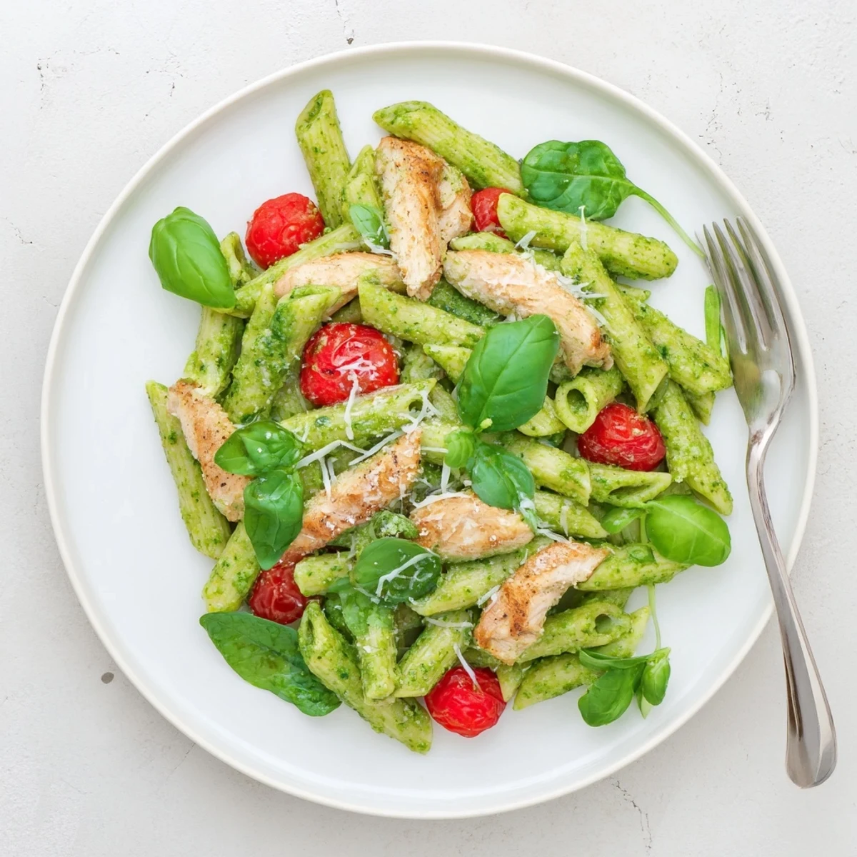 A steaming bowl of pesto chicken pasta with baby spinach and halved cherry tomatoes, garnished with fresh basil and grated Parmesan.
