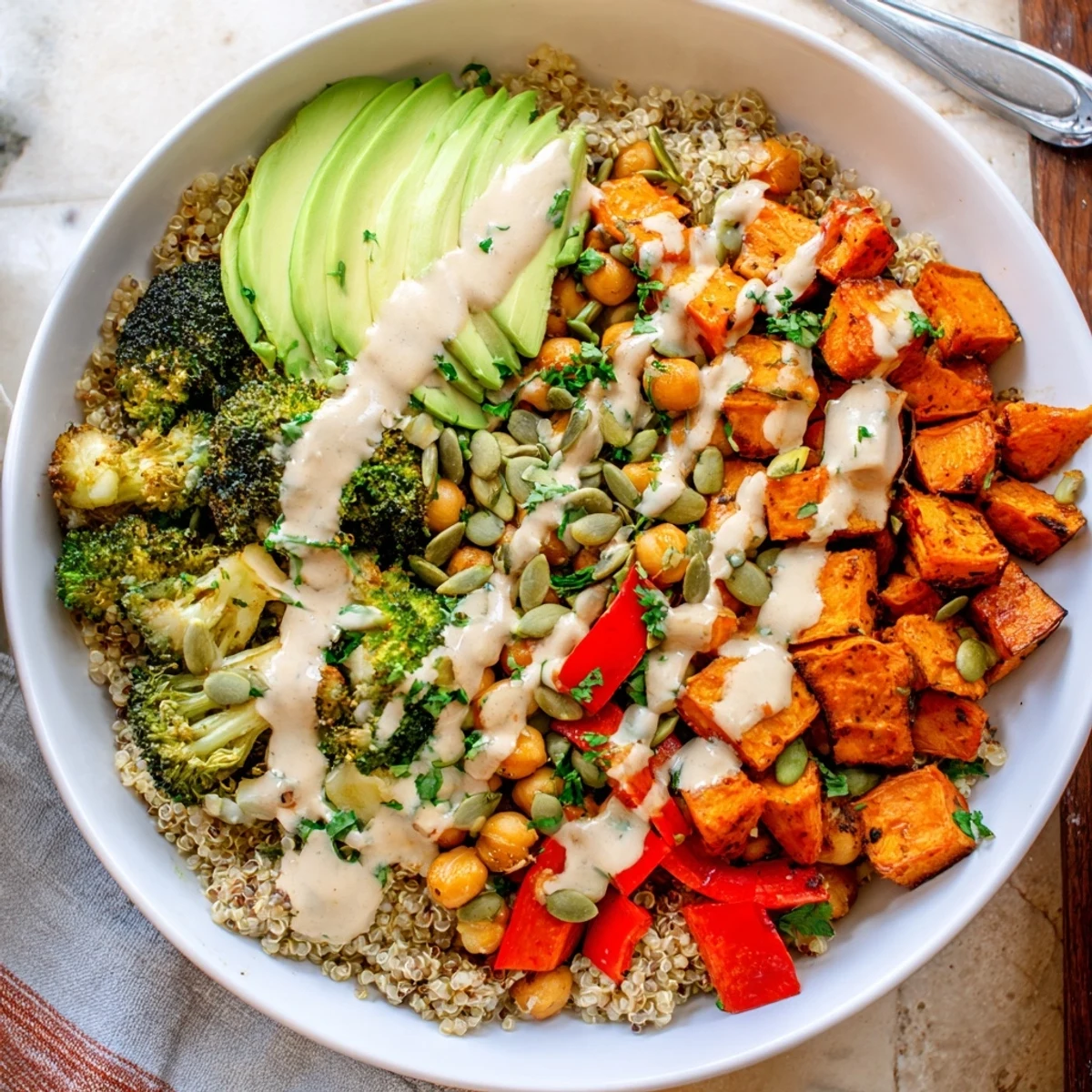 Vibrant Quinoa Buddha Bowl with roasted sweet potato, broccoli, and creamy tahini dressing drizzled over fluffy grains.