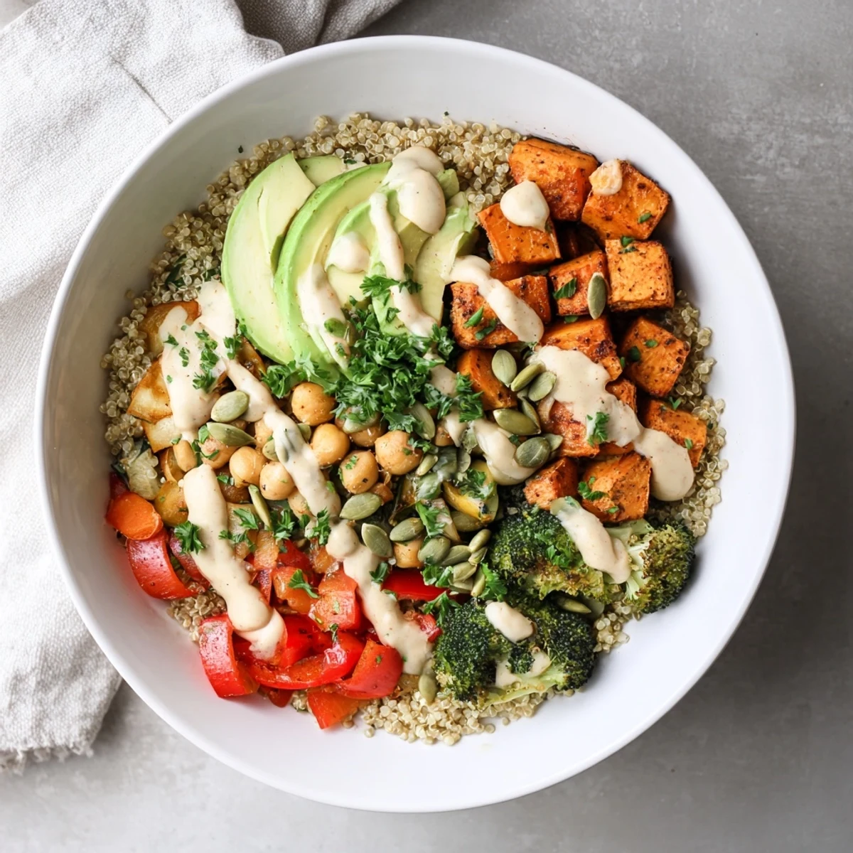 Colorful Quinoa Buddha Bowl topped with fresh parsley, pumpkin seeds, and rich tahini dressing, ready to serve.