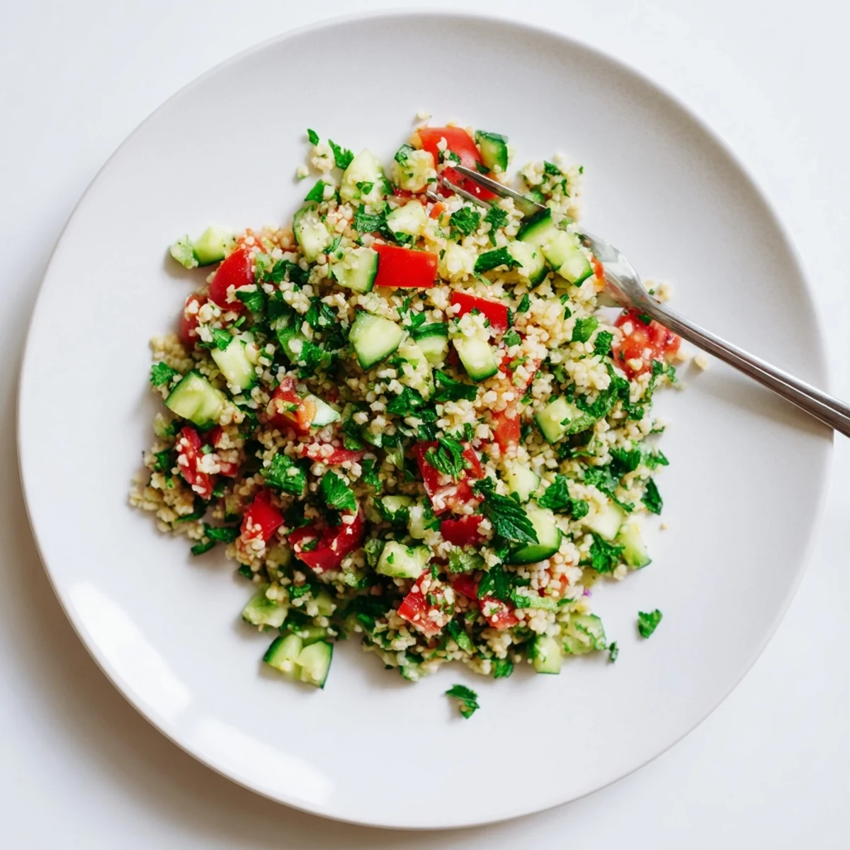 A vibrant bowl of homemade Bulgur Wheat Salad Tabbouleh, featuring fresh parsley, diced tomatoes, and crisp cucumber.