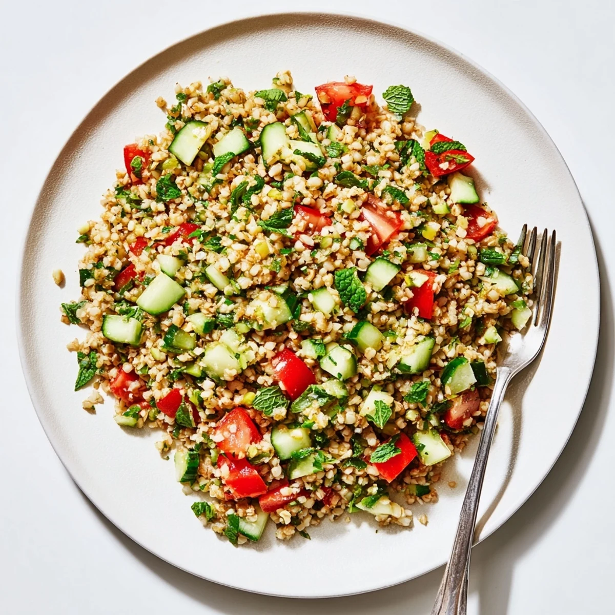 Close-up view of a colorful Bulgur Wheat Salad Tabbouleh served in a white bowl, garnished with parsley.