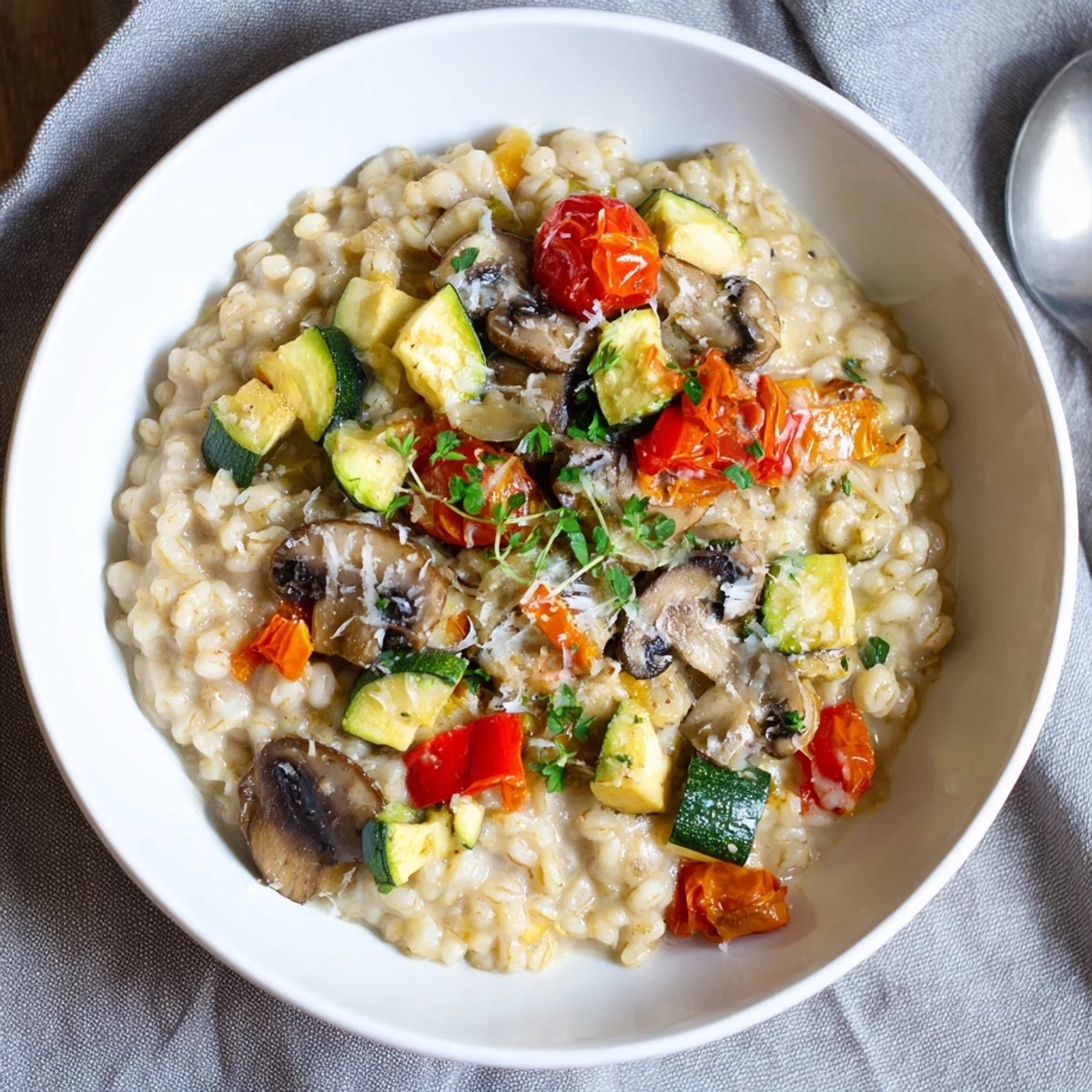 A close-up of the creamy pearled barley bowl, topped with vibrant roasted zucchini and cherry tomatoes.  