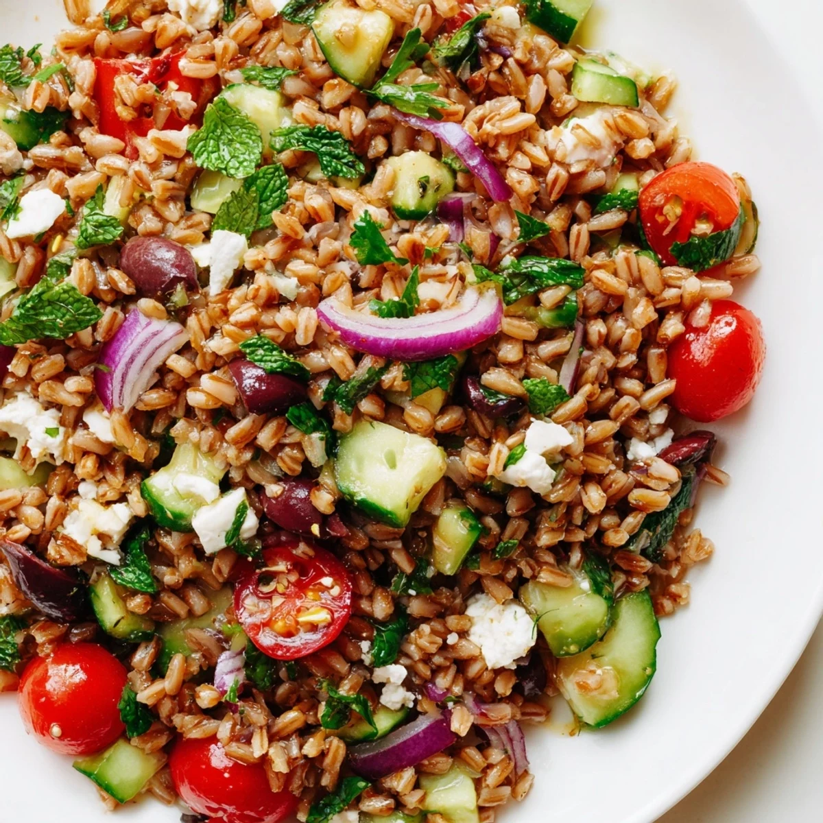 A close-up of Farro Salad Mediterranean, highlighting the nutty grain, bright cherry tomatoes, cucumber, and Kalamata olives glistening with olive oil.