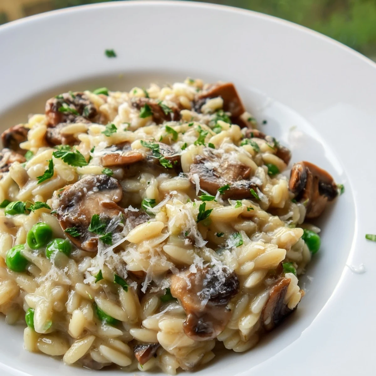 Creamy Orzo Mushroom Risotto-Style in a skillet, garnished with fresh parsley and shaved Parmesan.