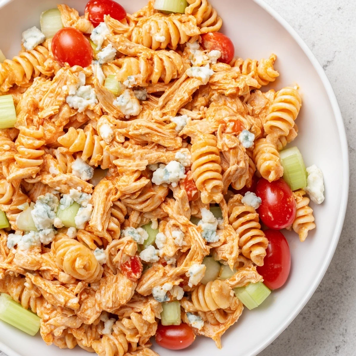 Buffalo Chicken Pasta Salad with tender shredded chicken, crisp celery, and cherry tomatoes in creamy ranch dressing on a forkful.