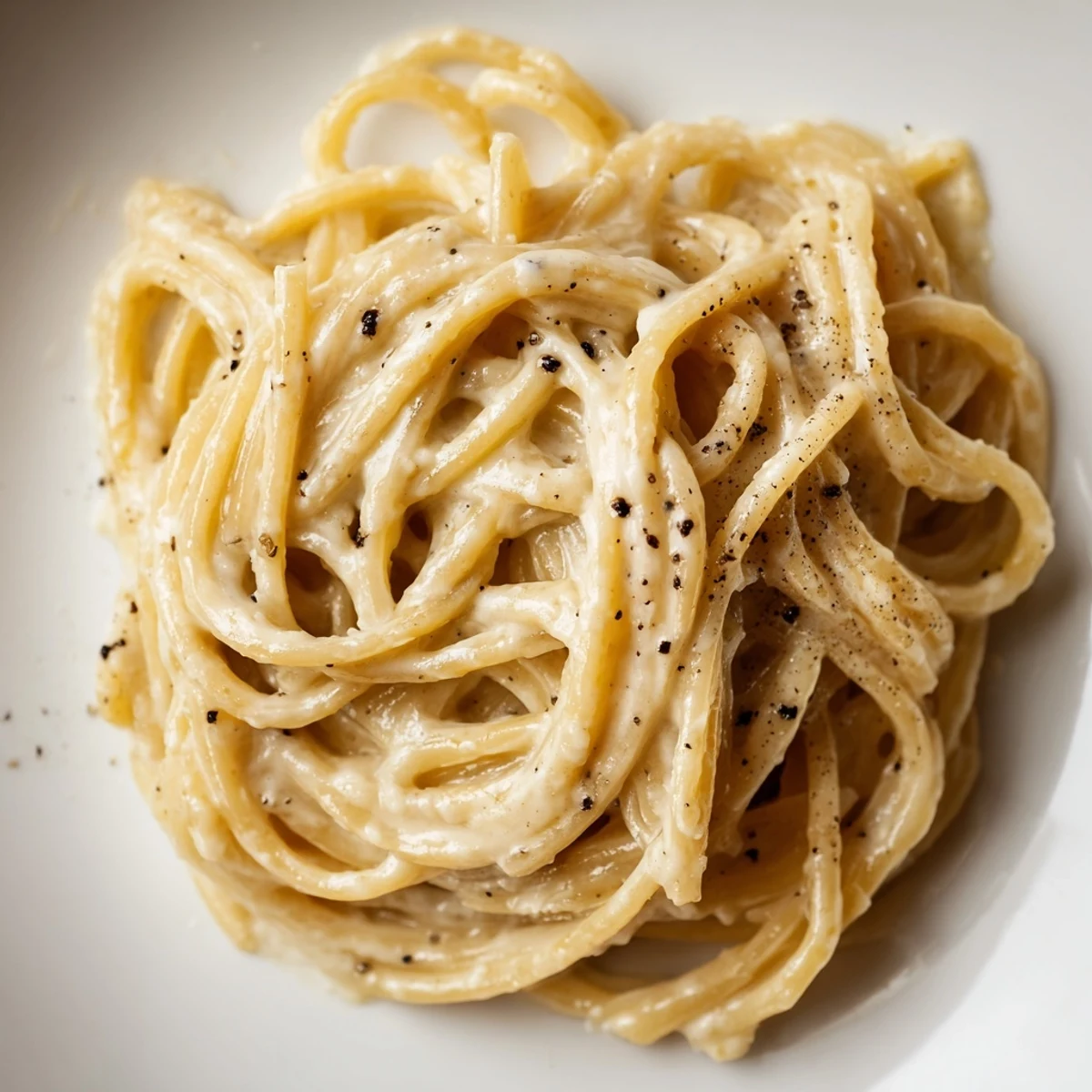 A close-up of Spaghetti Cacio e Pepe in a white bowl, featuring strands of pasta coated in a creamy Pecorino Romano and black pepper sauce.  