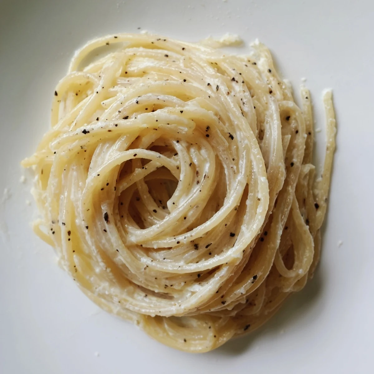 A rustic wooden table displays a plate of Spaghetti Cacio e Pepe topped with extra Pecorino and cracked black pepper, perfect for sharing.