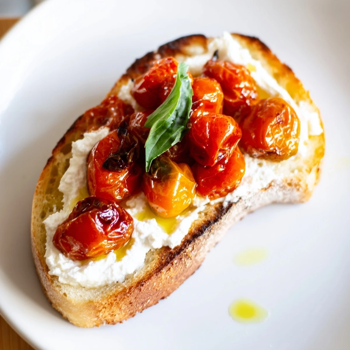 Creamy whipped ricotta and sweet roasted cherry tomatoes piled high on golden sourdough, garnished with fresh basil and flaky salt.  