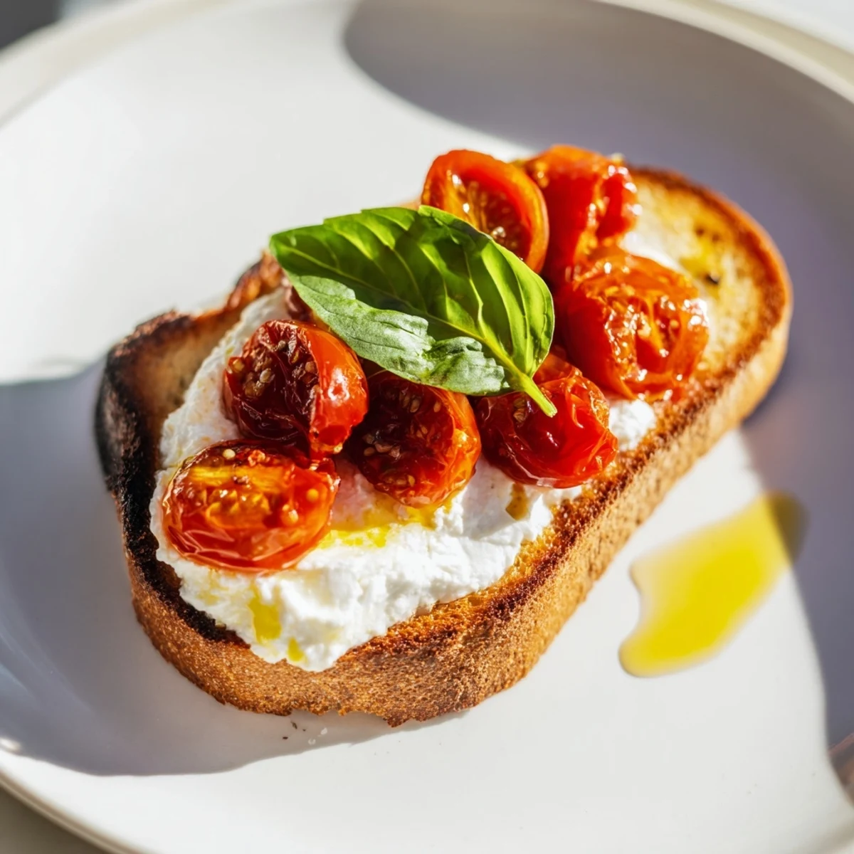 Vibrant Mediterranean-inspired Tomato Ricotta Toast served on a rustic board with fresh basil and a drizzle of olive oil.