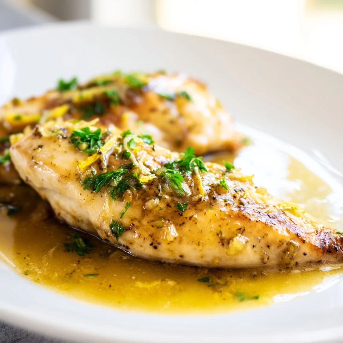 Pan-seared Lemon Pepper Chicken breasts glazed in a zesty butter sauce, garnished with fresh parsley for a bright weeknight dinner.