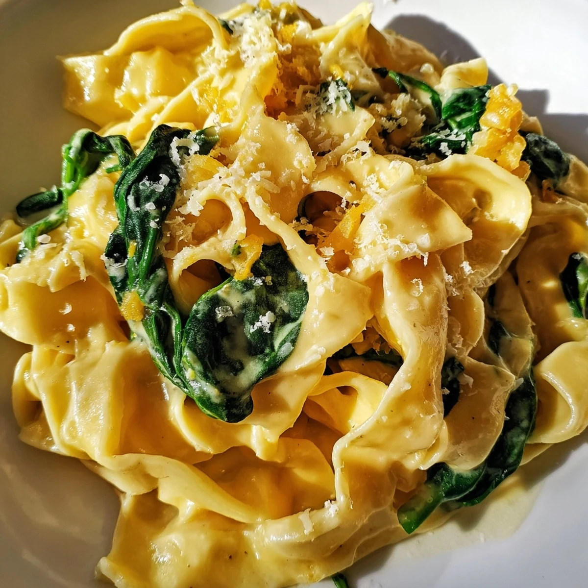 Creamy Spinach Garlic Noodles tossed in a rich, velvety sauce, served warm in a rustic ceramic bowl.