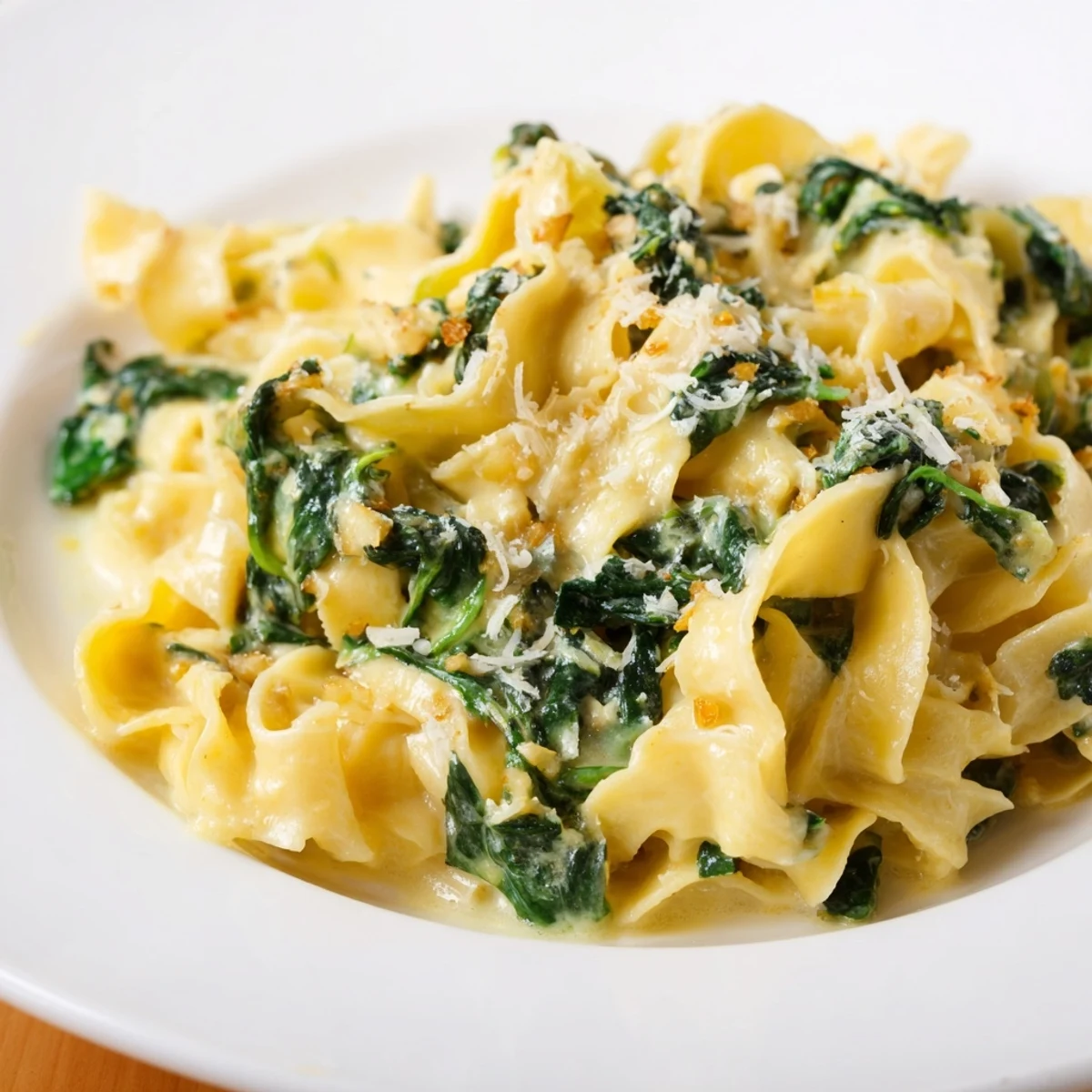 A close-up of Creamy Spinach Garlic Noodles with wilted green spinach and melted Parmesan, ready to serve.