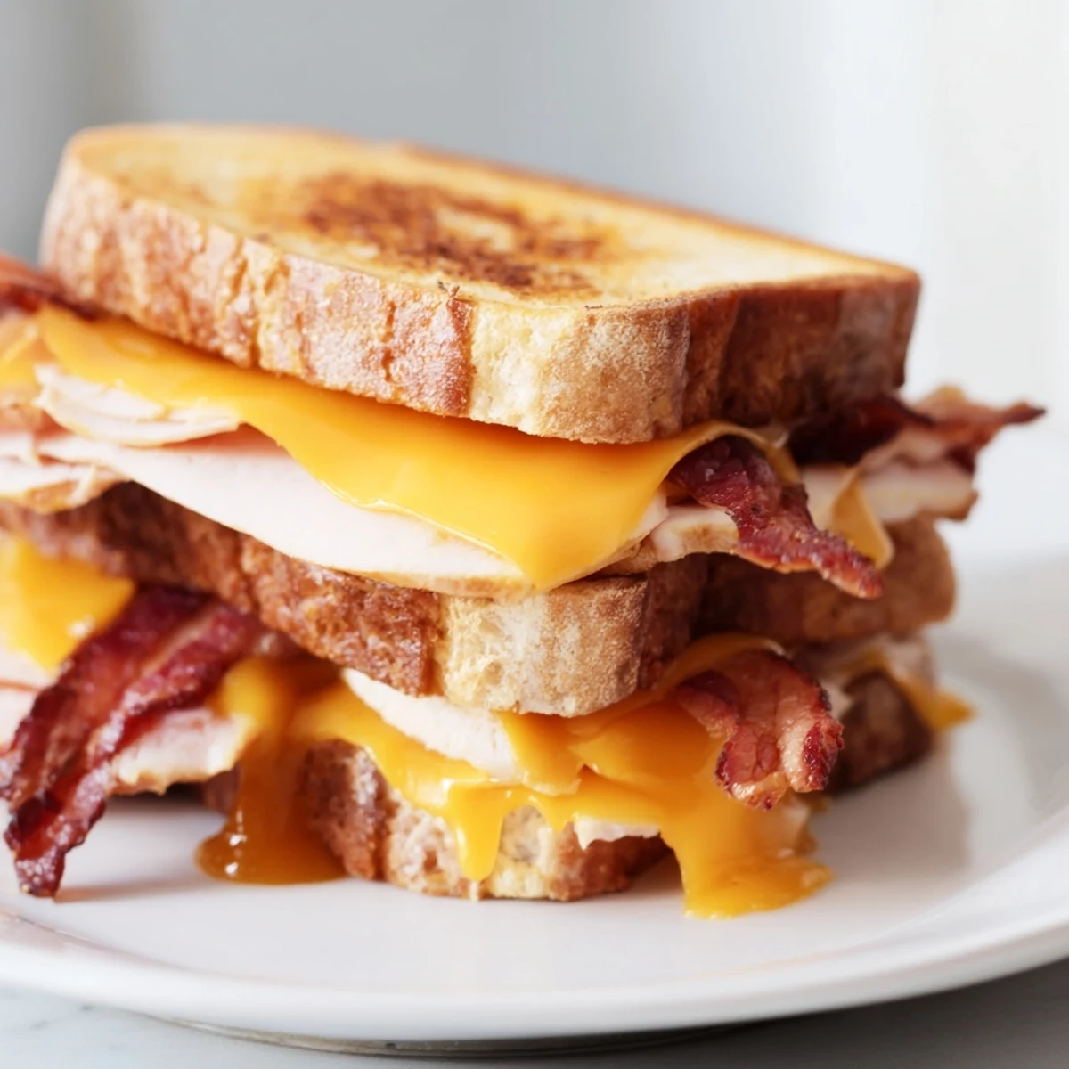 Golden-brown grilled Turkey Club Grilled Cheese sandwich oozing melted cheddar, layered with roasted turkey, crispy bacon, and fresh lettuce.  