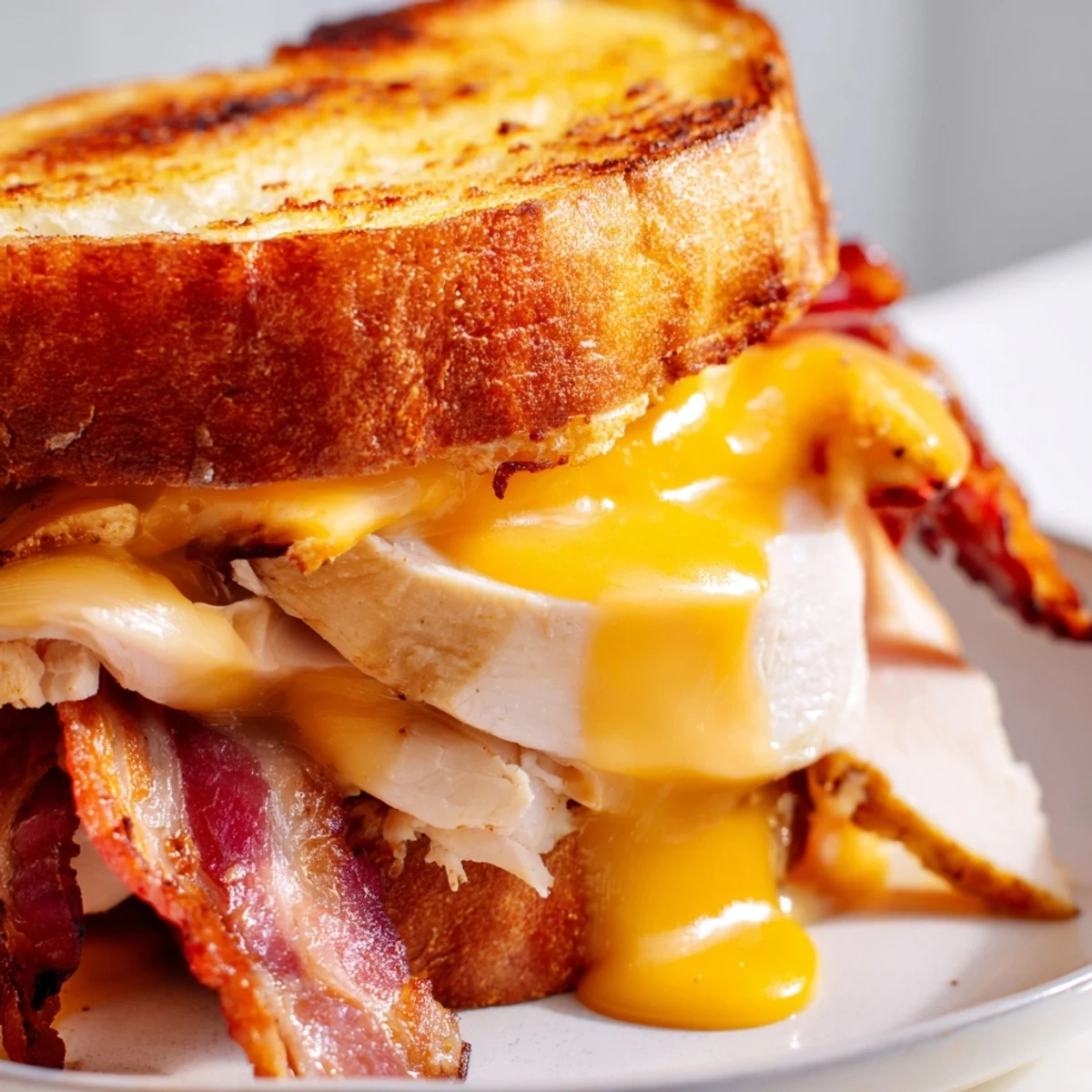 Turkey Club Grilled Cheese sandwich, cut diagonally to reveal melted Swiss cheese, crunchy bacon, and layered turkey inside.