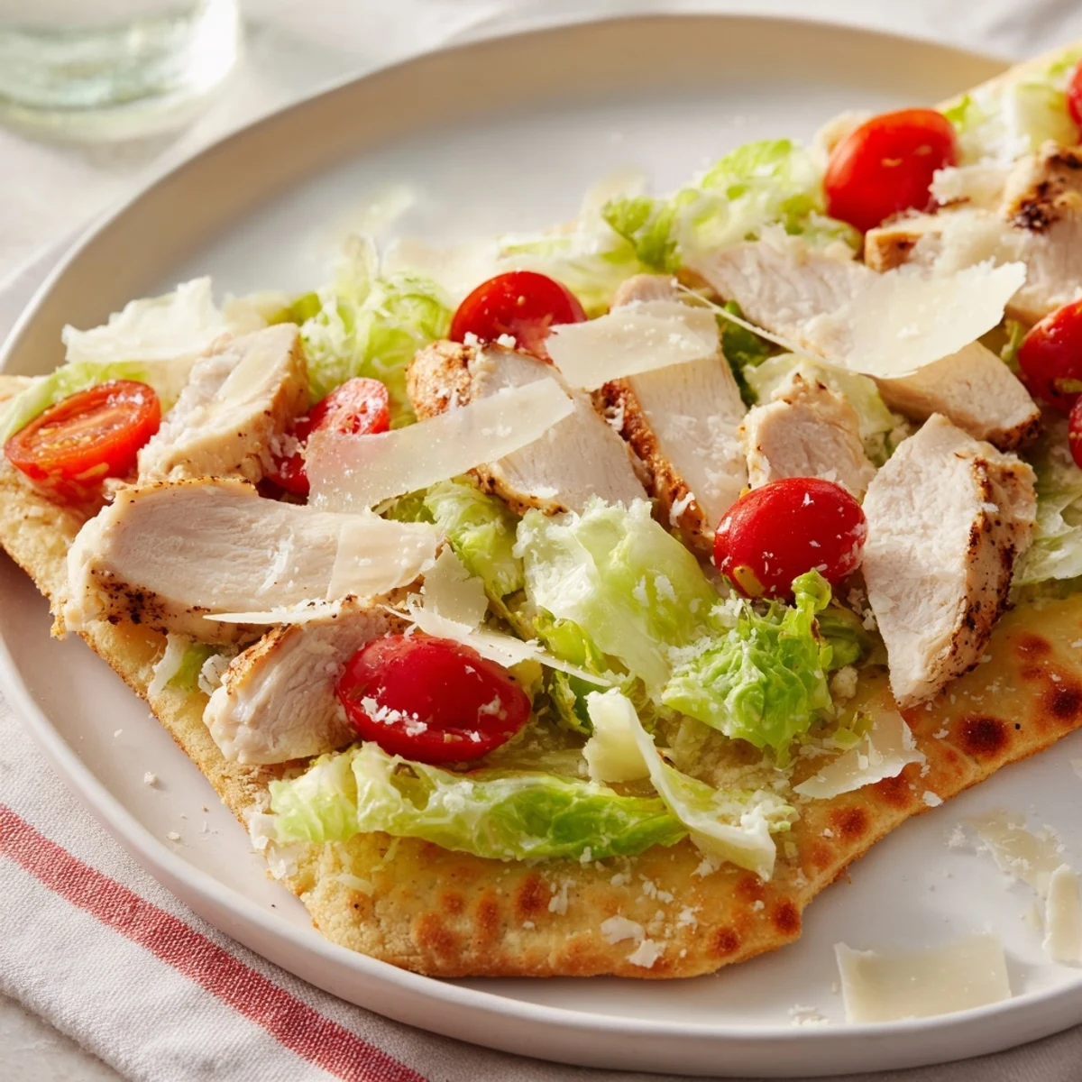 Sliced grilled chicken and fresh romaine salad neatly arranged on a warm, golden flatbread, drizzled with creamy Caesar dressing and sprinkled with Parmesan, ready to serve.