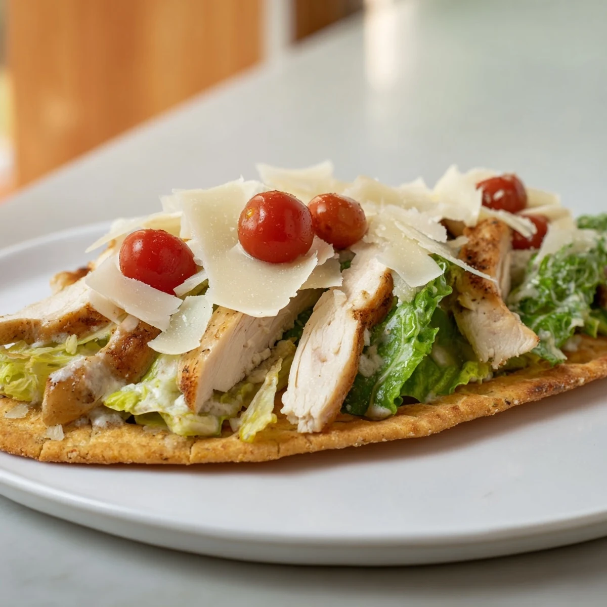 A vibrant serving of Caesar Chicken Flatbread on a rustic wooden board, showcasing juicy chicken, crisp lettuce, halved cherry tomatoes, and a drizzle of Caesar dressing.