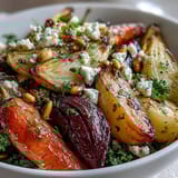 Hearty Winter Root Vegetable Bowl topped with pepitas and feta, drizzled with tangy dressing.