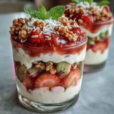 Freshly layered Guava-Flavored Yogurt Parfait topped with mint and coconut beside a mug of green tea.