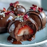 Dubai-Style Strawberry Truffles with Dark Chocolate Shell in a glossy dark chocolate shell, accented by rosewater and cardamom for a Middle Eastern-inspired treat.
