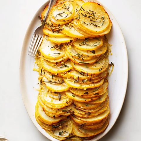 Savory rosemary garlic potato bake with creamy layers and golden crust, delicious side dish.  
