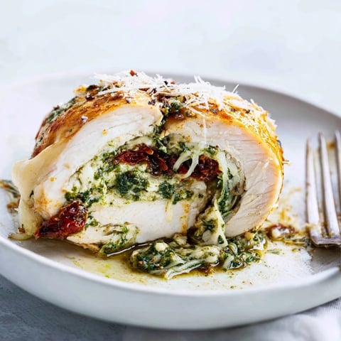 Juicy Basil Pesto Stuffed Chicken Breasts, baked until golden with a cheesy filling.  