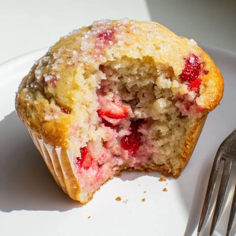 Freshly baked Strawberry Yogurt Morning Muffins, topped with sugar, ideal for breakfast.  