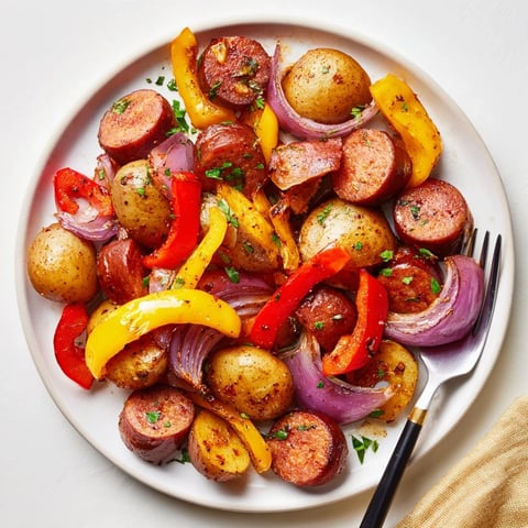 Hearty Smoky Sausage and Potato Sheet Pan with vibrant veggies and spices.  