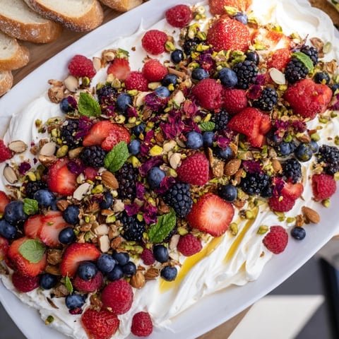 Delicious Butter Board Dessert version topped with fresh berries and creamy textures.  