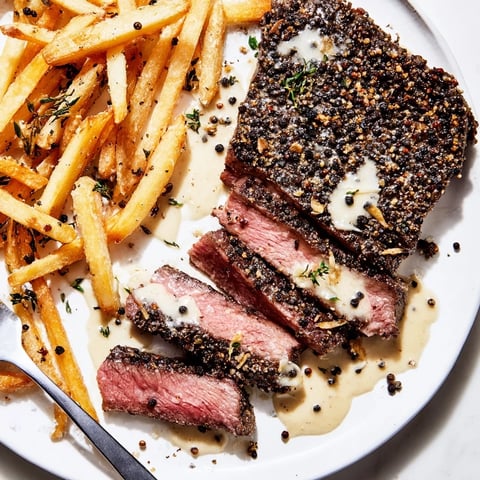 Juicy classic peppercorn ribeye garnished with golden crispy fries, perfect for dinner.  