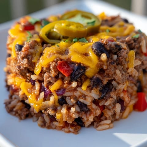 Steaming Tex-Mex Beef & Rice Casserole bubbling with melted cheese and a vibrant, flavorful tomato sauce, ready to serve.