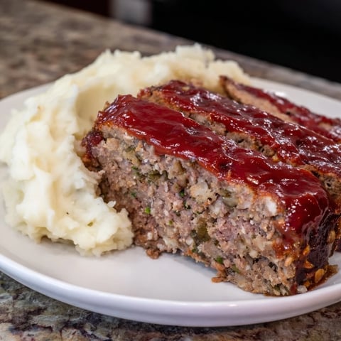 Golden-brown classic meatloaf with a shiny glaze, served alongside fluffy mashed potatoes.