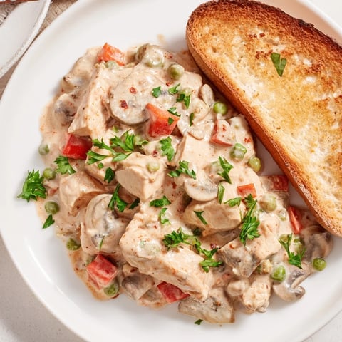 Creamy chicken à la king, a comforting American dish, served over golden, buttery toast.