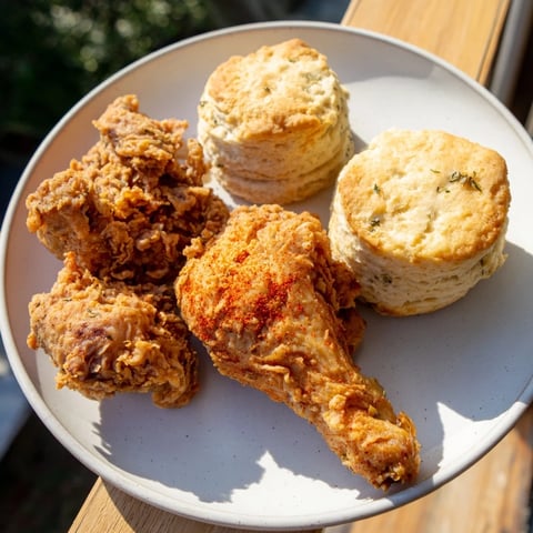 Golden-brown Southern Fried Chicken with flaky buttermilk biscuits, ready for a delicious Southern feast.