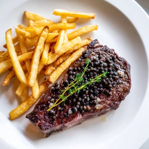 Sizzling Classic Peppercorn Ribeye, perfectly seared with peppercorns, alongside a pile of golden-brown fries.