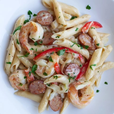 Cajun Sausage & Shrimp Alfredo Pasta Skillet sizzling with shrimp, sausage, and a rich, creamy sauce.