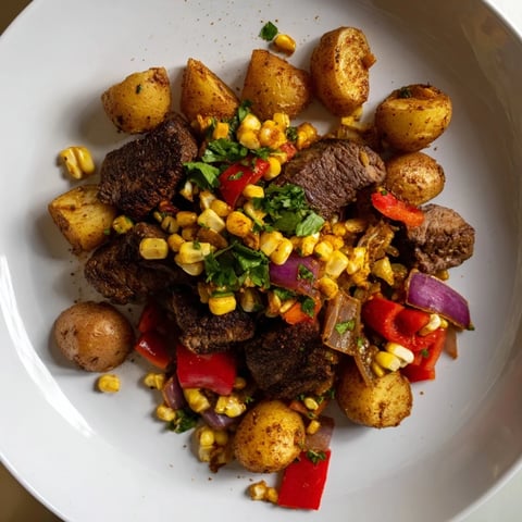 Steaming Southwest Steak & Potato Skillet recipe, featuring tender steak and colorful vegetables, ready to eat.