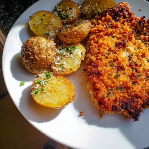 Golden, crispy parmesan crusted chicken nestled next to perfectly roasted potatoes, a delicious dinner.
