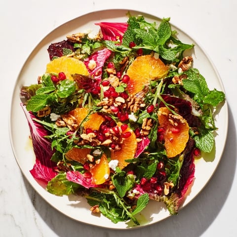 Winter Greens Salad with Citrus, Pomegranate, and toasted nuts, a colorful, refreshing, vegetarian lunchtime delight!