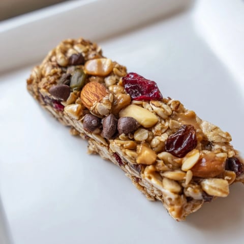 Golden-brown, chewy homemade granola bars, studded with nuts and chocolate chips, ready to eat.