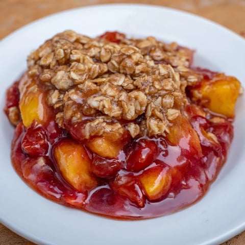 Golden-brown Fruit Crisp with frozen fruit, bubbling and fragrant, a perfect warm dessert.