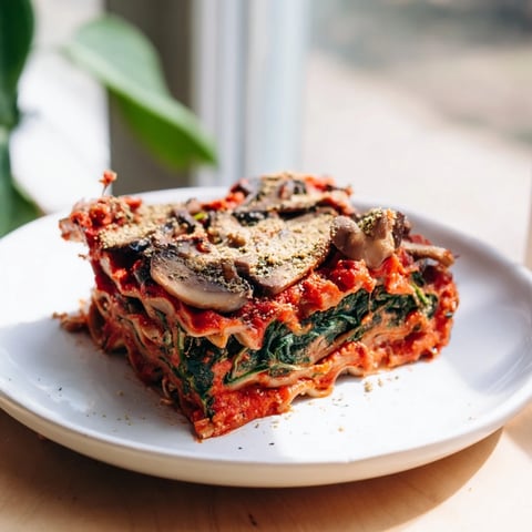 A bubbling Vegan Mushroom Spinach Lasagna, ready to serve with fragrant, savory layers and fresh basil.