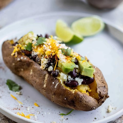 Golden brown Loaded Baked Sweet Potatoes, brimming with a vibrant black bean and corn topping, ready to eat.