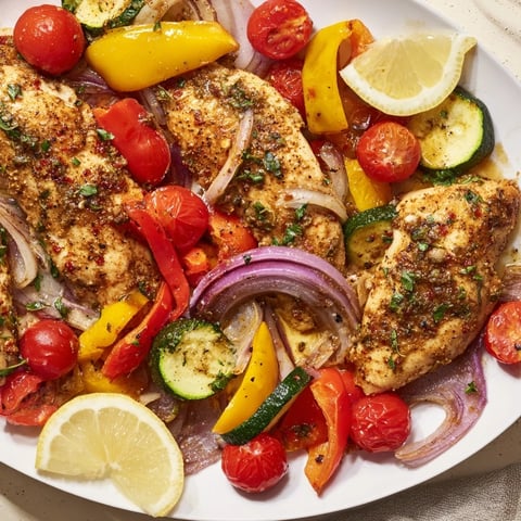 Sheet Pan Lemon Oregano Chicken Cutlets: Roasted chicken with vibrant vegetables, seasoned beautifully.