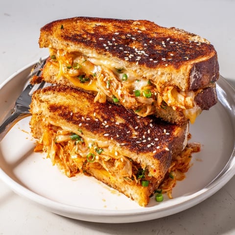 Skillet Kimchi & Cheddar Fusion Grilled Cheese reveals melted cheddar and kimchi filling between toasted sourdough bread.