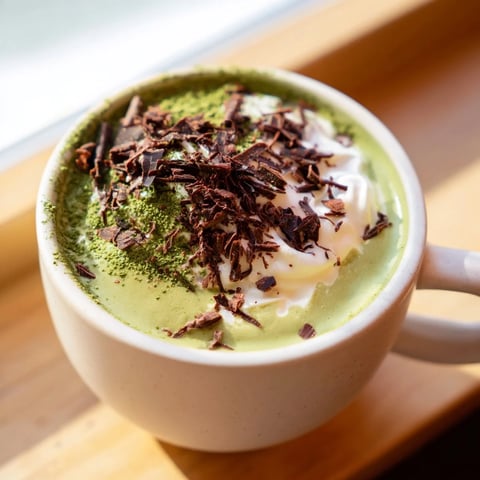 Steaming hot Collagen Peppermint Mocha Matcha Latte, a vibrant green and cocoa-colored drink, topped with whipped cream.