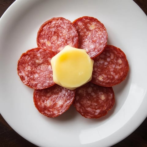 Vibrant Tudor Rose appetizer: five salami petals elegantly surround a yellow cheese center.