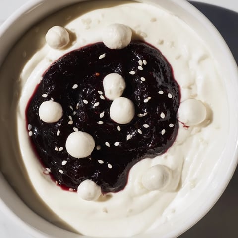 Elegant Galaxy Spiral dessert of creamy yogurt swirled with dark berry jam and goat cheese stars.