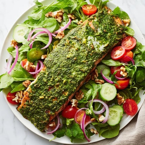 Flaky, herb-crusted salmon salad with bright tomatoes and a zesty vinaigrette, ready to enjoy.
