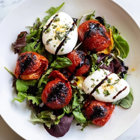 Charred Tomato Salad with Burrata: Beautifully blistered tomatoes rest atop creamy burrata, drizzled with basil-infused olive oil.