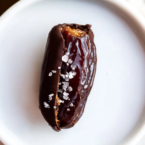 Sweet and rich Chocolate Peanut Butter Dates, a no-bake dessert, sprinkled with sea salt on top.